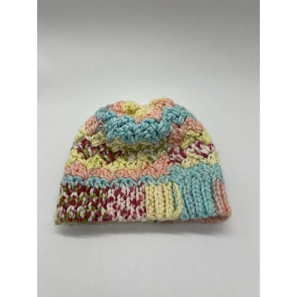 Handmade Knit Hat Beanie Womens One Size Multicolor Pom Bobble Chevron Winter